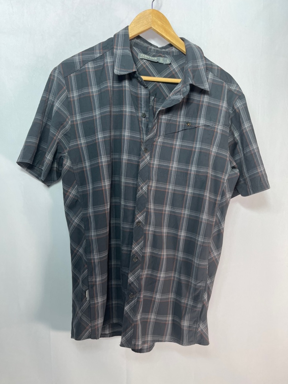 Icebreaker Departure Men's Short-Sleeve Gray Plaid Button MERINO Shirt Sz Large